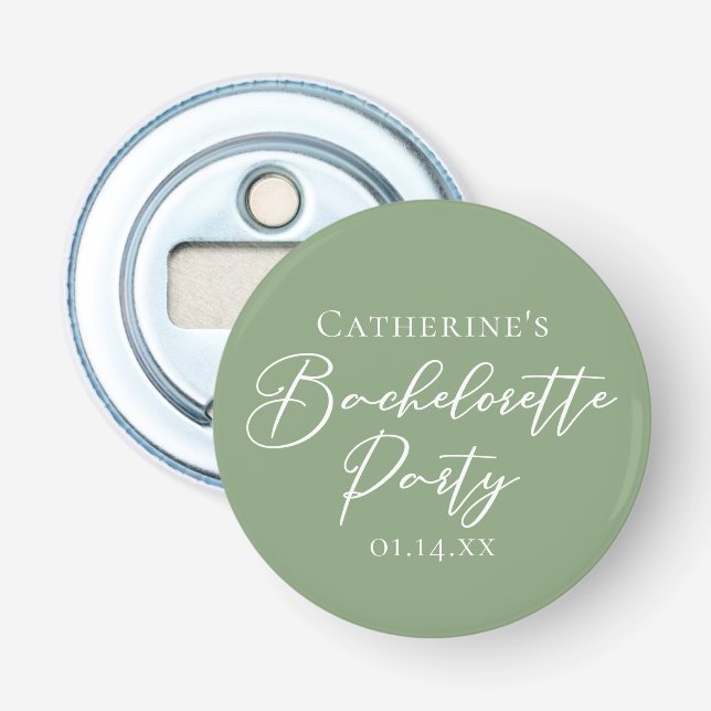 Chic Sage Green Bachelorette Party Personalized Bottle Opener (Front)