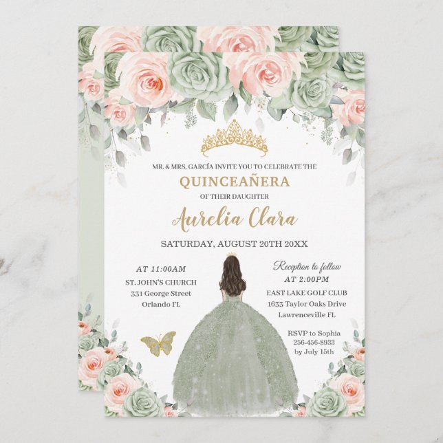 Chic Sage Green Blush Floral Gold Quinceañera XV Invitation (Front/Back)