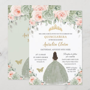 Chic Sage Green Blush Floral Gold Quinceañera XV Invitation