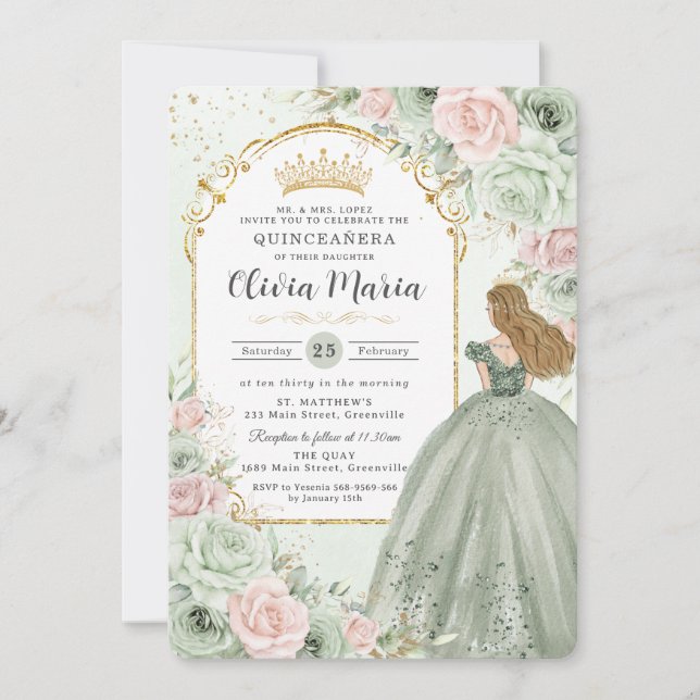 Chic Sage Green Blush Floral Princess Quinceañera  Invitation (Front)