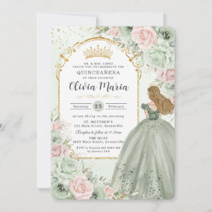 Chic Sage Green Blush Floral Princess Quinceañera  Invitation