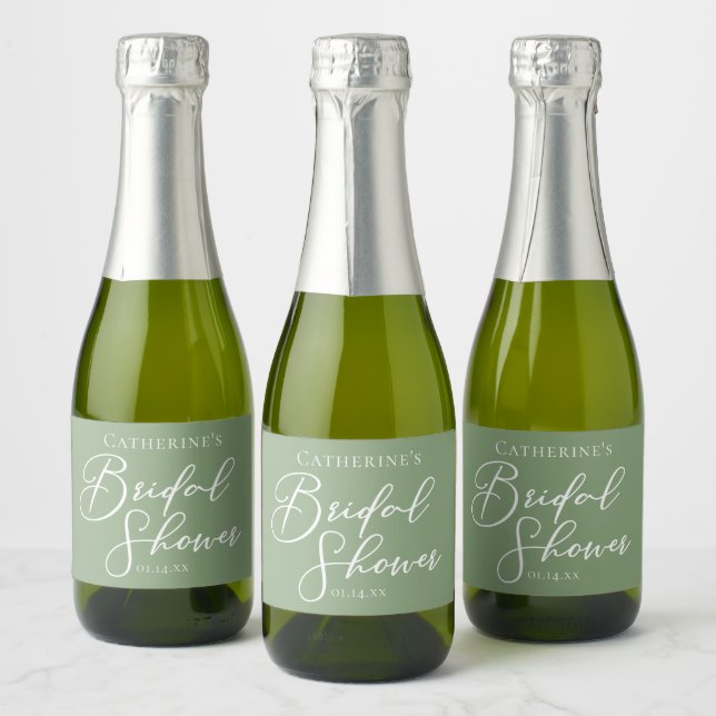 Chic Sage Green Bridal Shower Personalised Mini Sparkling Wine Label (Bottles)