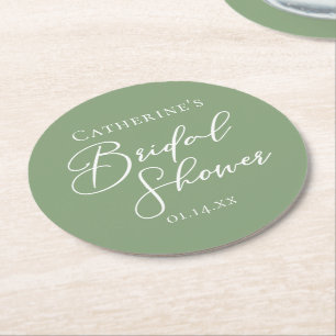 Chic Sage Green Bridal Shower Personalized Round Paper Coaster