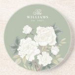 Chic Sage Green Chinoiserie Floral Family Monogram Coaster<br><div class="desc">Beautiful chinoiserie-inspired design featuring elegant sage green and ivory white botanical flowers and greenery</div>
