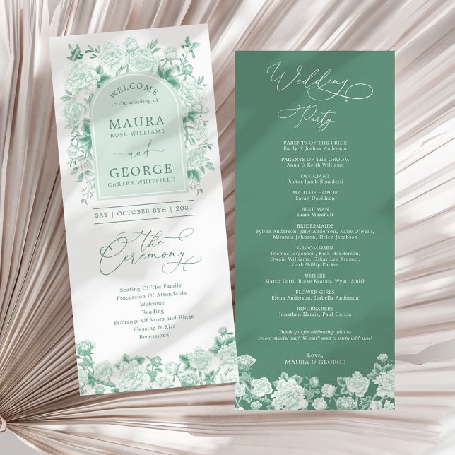 Chic Sage Green Chinoiserie Floral Wedding Program (Creator Uploaded)