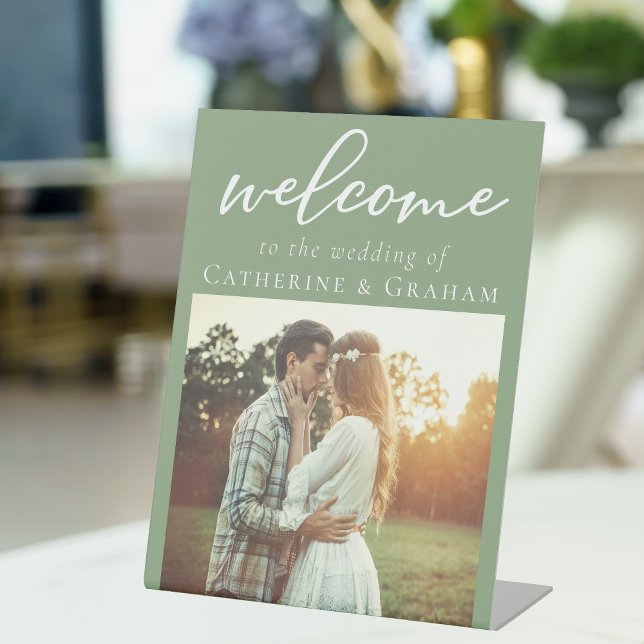 Chic Sage Green Couple Photo Wedding Welcome Pedestal Sign (Creator Uploaded)