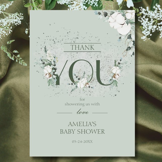 Chic Sage Green Floral Baby Shower Thank You Card (Creator Uploaded)