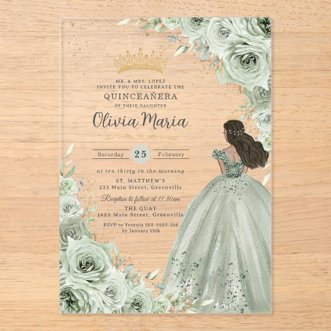 Chic Sage Green Floral Brown Princess Quinceañera  Acrylic Invitations (Front)