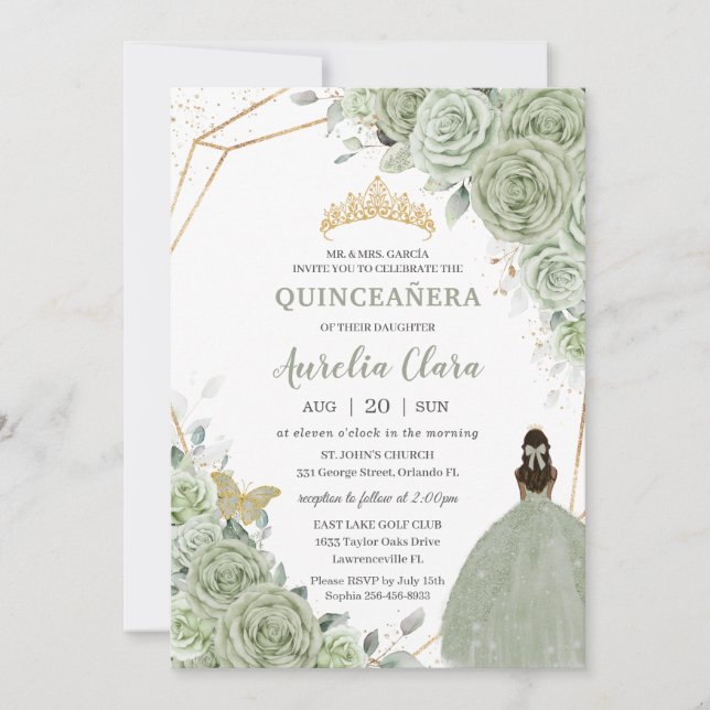 Chic Sage Green Floral Brown Princess Quinceañera Invitation (Front)