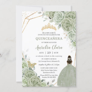 Chic Sage Green Floral Brown Princess Quinceañera Invitation