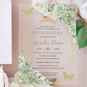 Chic Sage Green Floral Butterflies Quinceañera Acrylic Invitations