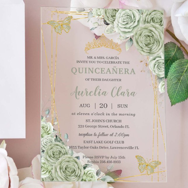 Chic Sage Green Floral Butterflies Quinceañera Acrylic Invitations (Creator Uploaded)