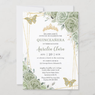 Chic Sage Green Floral Butterflies Quinceañera Invitation