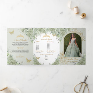 Chic Sage Green Floral Butterflies Quinceañera Tri-Fold Invitation