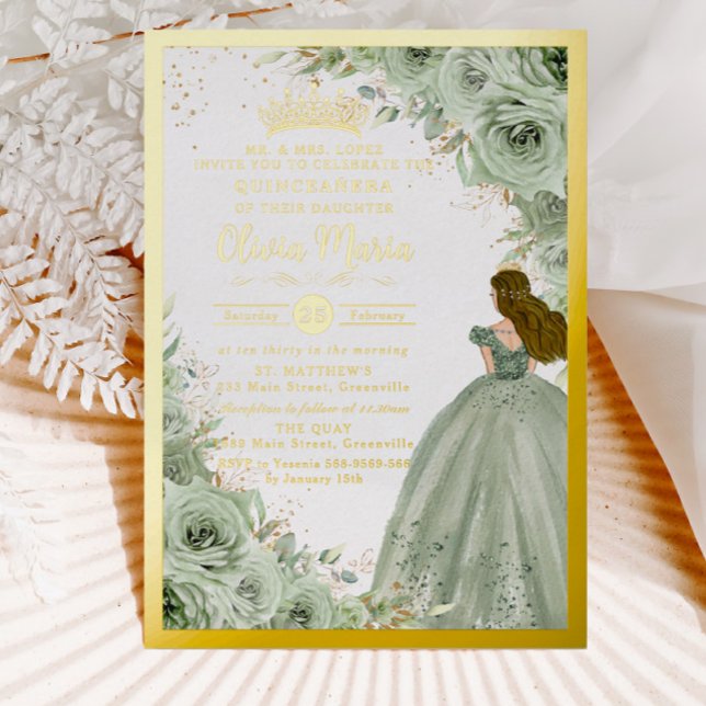 Chic Sage Green Floral Princess Gold Quinceañera  (Creator Uploaded)
