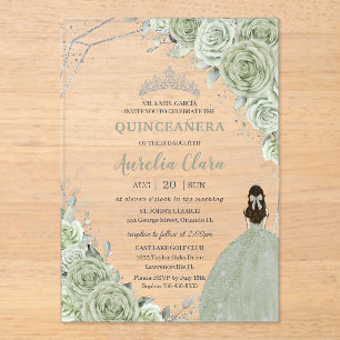 Chic Sage Green Floral Princess Silver Quinceañera Acrylic Invitations