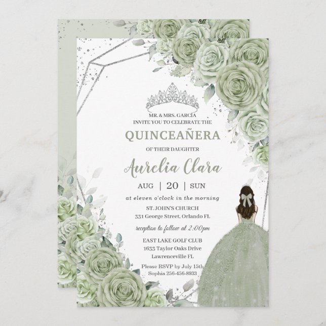 Chic Sage Green Floral Princess Silver Quinceañera Invitation (Front/Back)