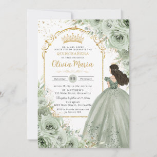 Chic Sage Green Floral Roses Princess Quinceañera  Invitation