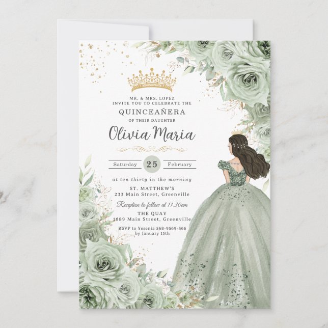 Chic Sage Green Floral Roses Princess Quinceañera  Invitation (Front)