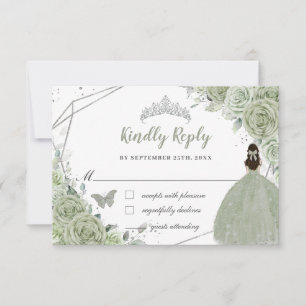 Chic Sage Green Floral Silver Quinceañera Princess RSVP Card