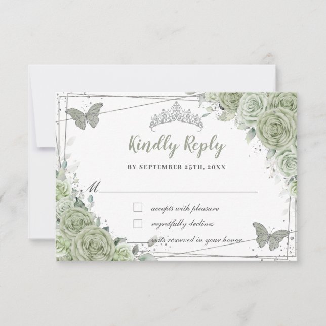 Chic Sage Green Floral Silver XV 15 16 Quinceañera RSVP Card (Front)