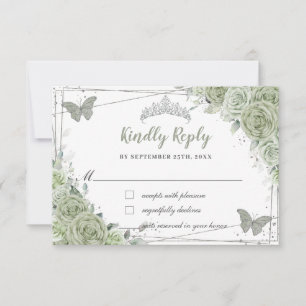 Chic Sage Green Floral Silver XV 15 16 Quinceañera RSVP Card