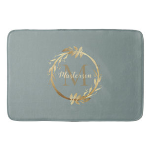 Chic Sage Green Gold Monogram Eucalyptus Wreath Bath Mat
