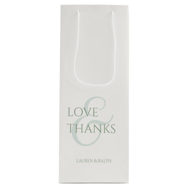 Chic Sage Green & Ivory Love & Thanks  Wine Gift Bag (Front)