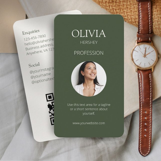 Chic Sage Green & Ivory Photo Social QR Code  Business Card (Creator Uploaded)