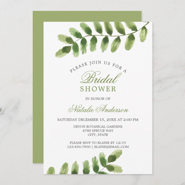 Chic sage green Leaf watercolor BRIDAL SHOWER Invitation (Front/Back)