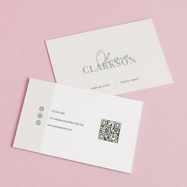 Chic Sage Green Minimalist Qr Code Business Card (Creator Uploaded)