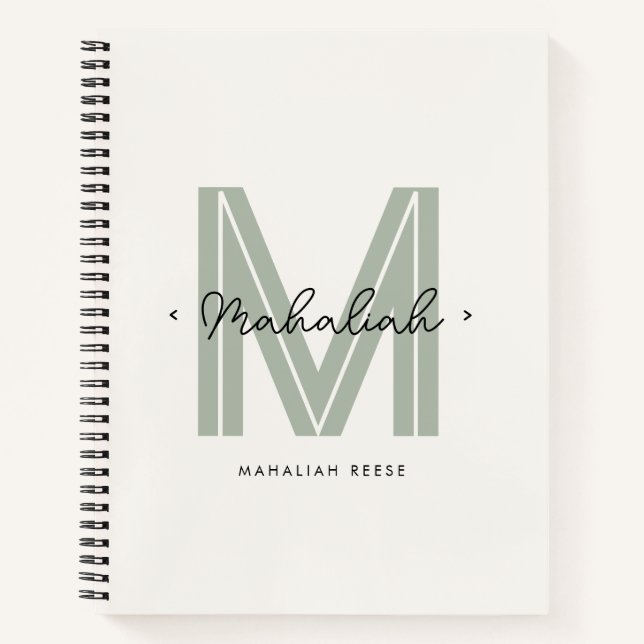 Chic Sage Green Monogram Script Name Notebook (Front)