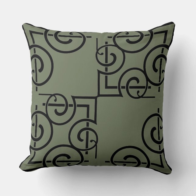 Chic Sage Green Name Black Filigree Throw Pillow (Front)