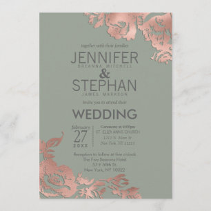 Chic Sage Green Rose Gold Floral Wedding Invitation