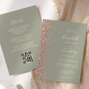 Chic Sage Green Rose Gold Glitter QR Code Wedding Invitation