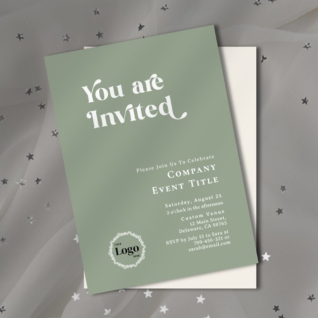 Chic Sage Green Script Typography You are Invited Invitation (Property Photo Background Typography Open House Invitation)