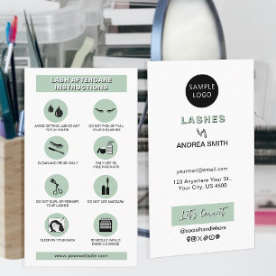 Chic Sage Green Simple Lashes Aftercare Add Logo  Business Card