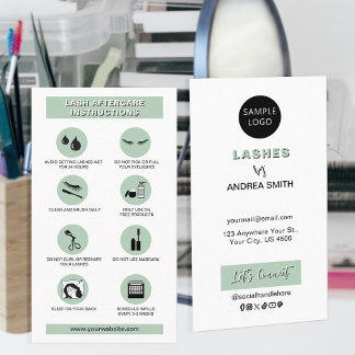 Chic Sage Green Simple Lashes Aftercare Add Logo  Business Card