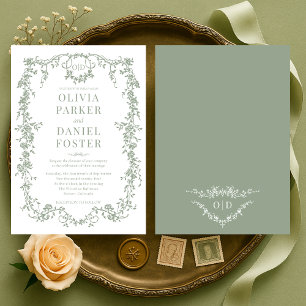 Chic Sage Green Victorian French Monogram Wedding  Invitation