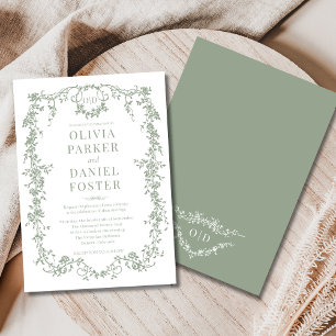 Chic Sage Green Victorian French Monogram Wedding  Invitation