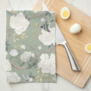 Chic Sage Green White Chinoiserie Floral Porcelain Tea Towel