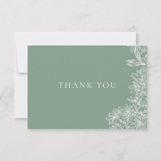 Chic Sage Green White Floral Thank You Note Card (Front)