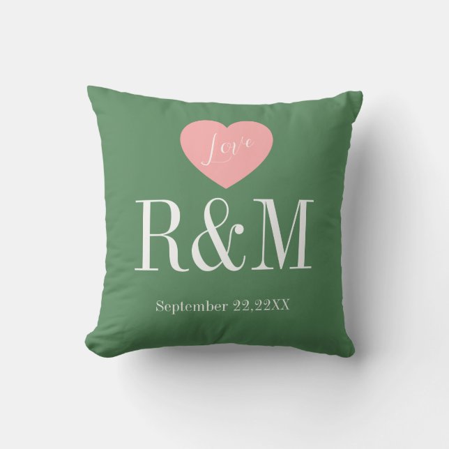Chic sage green white monogram wedding keepaske cushion (Front)