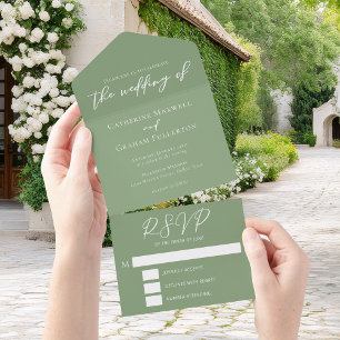 Chic Sage Green White Script Wedding All In One Invitation