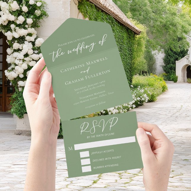 Chic Sage Green White Script Wedding All In One Invitation (Creator Uploaded)