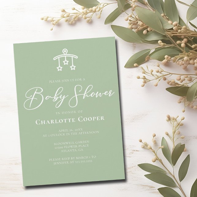 Chic Sage Green White Typography Baby Shower Invitation (Creator Uploaded)
