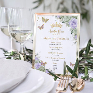 Chic Sage Purple Floral Quinceanera Bar Drink Menu Photo Print
