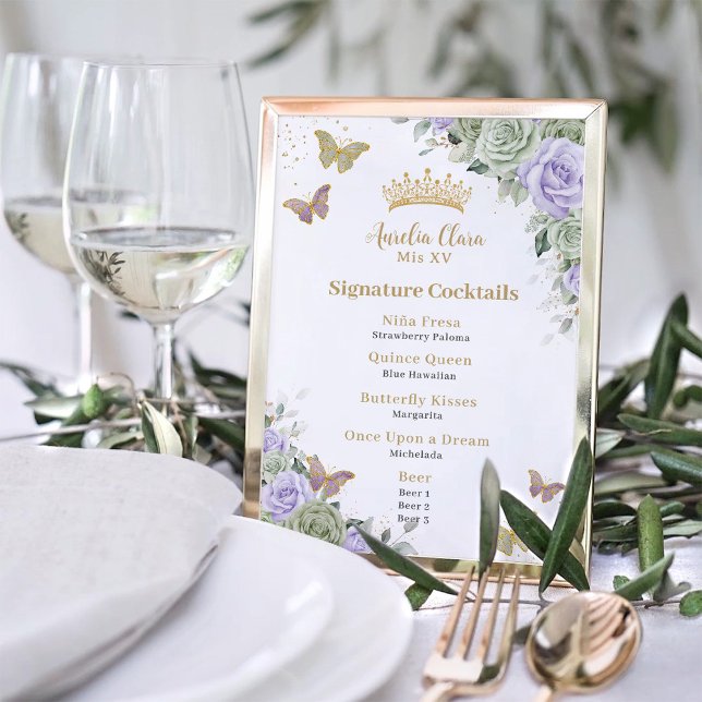 Chic Sage Purple Floral Quinceanera Bar Drink Menu Photo Print (Creator Uploaded)