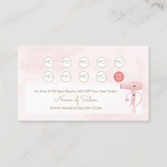 Chic Salon Soft Pink Glitter Hairdryer Loyalty Card (Front)