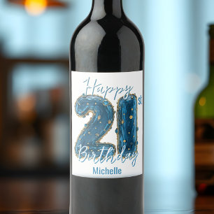 Chic Sapphire Blue and Gold 21st Birthday  Wine Label
